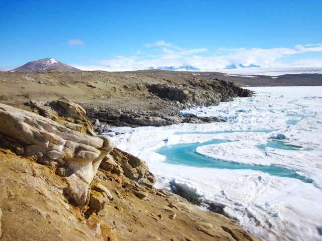 Ice and windswept, barren landscape in Antarctica's Dry Valleys