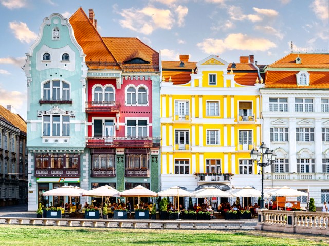 Brightly painted row homes in Timisoara, Romania