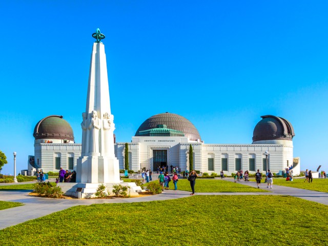 Visitors gathered in front of Griffith Observatory in Los Angeles, California