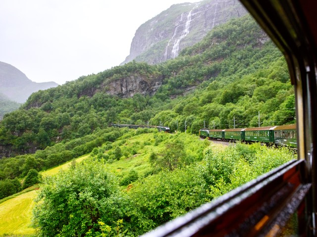 View outside window of historic Flåm Railway in Norway