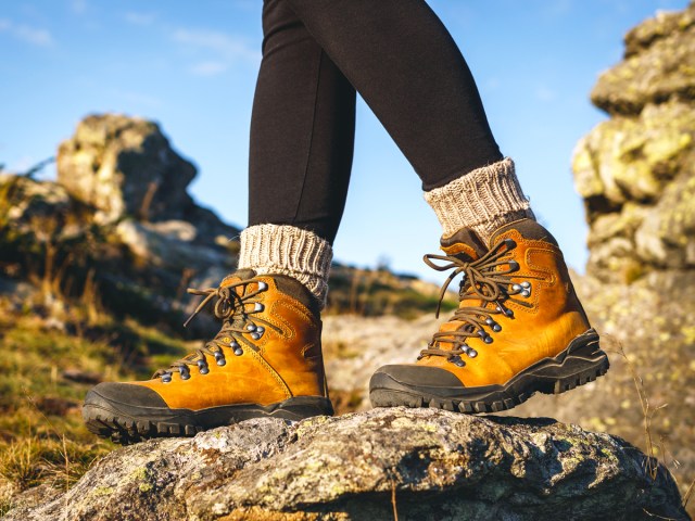 Close-up view of hiker's boots and socks