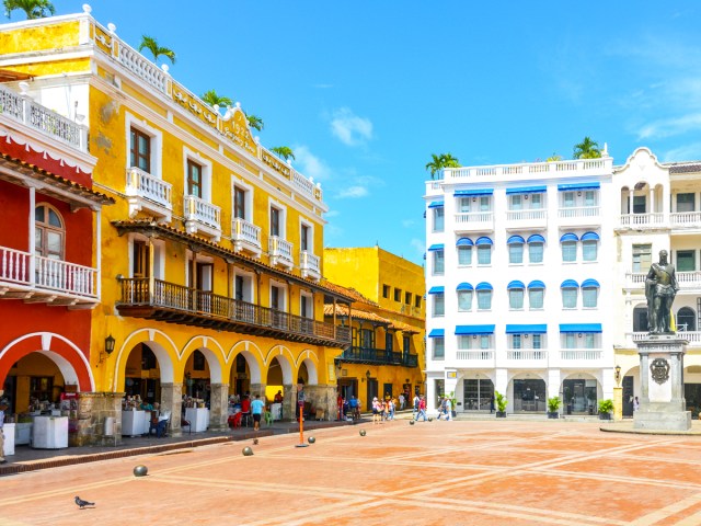 Colorful architecture surrounding central square in Cartagena, Colombia