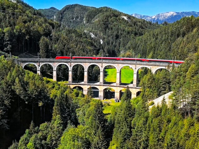 Semmering Railway on bridge through the Austrian Alps