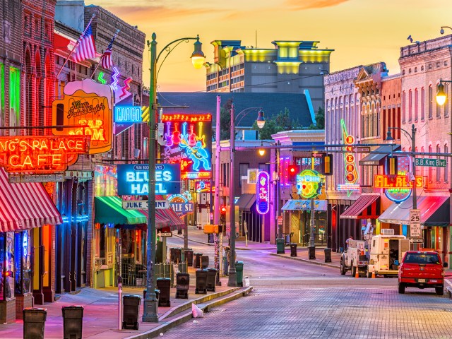 Beale Street in Memphis, Tennessee, at sunset