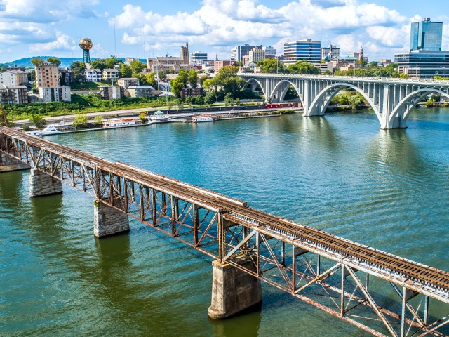 Aerial view of bridges and cityscape of Knoxville, Tennessee