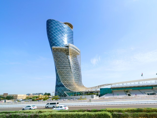 Capital Gate in Abu Dhabi, seen across roadway