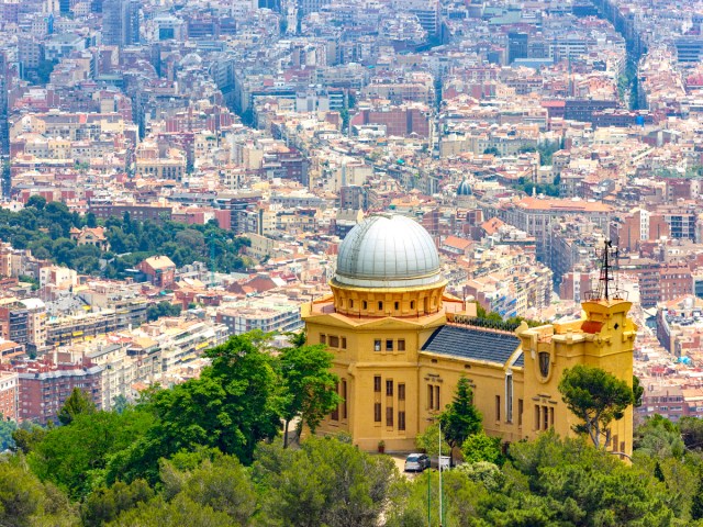 Aerial view of Fabra Observatory overlooking skyline of Barcelona, Spain