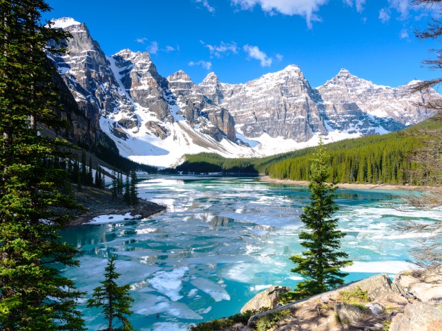 Icy waters of Moraine Lake in Canada's Valley of the Ten Peaks