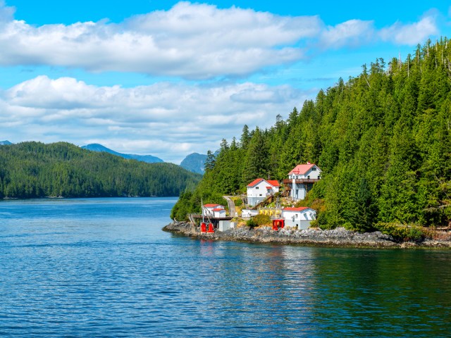 Homes along forested British Columbia coastline