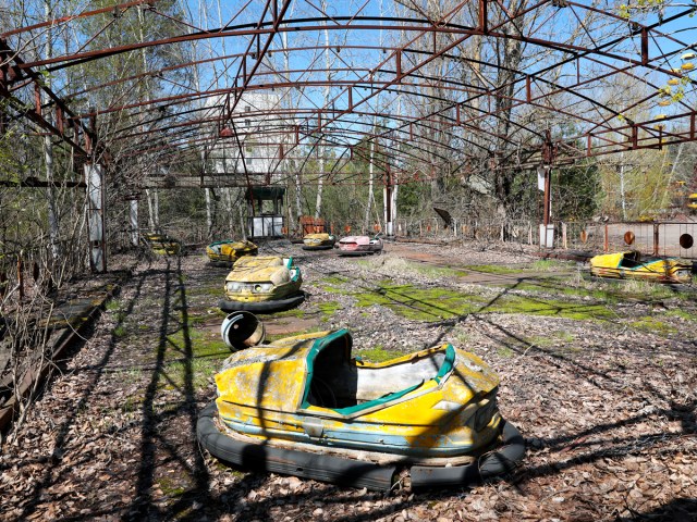 Abandoned bumper car ride at Pripyat Amusement Park in Ukraine