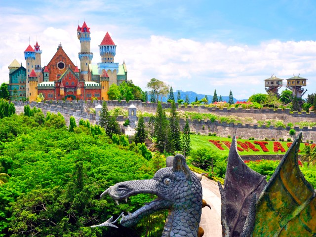 Colorful castle and gardens at Fantasy World abandoned amusement park in the Philippines