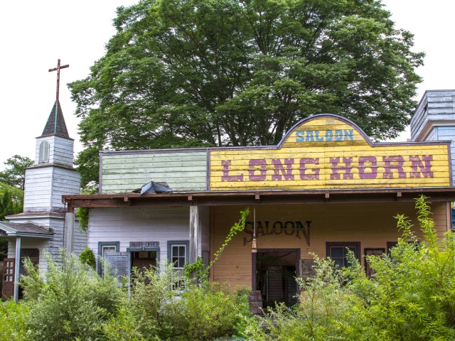 Abandoned saloon at Western Village amusement park in Japan