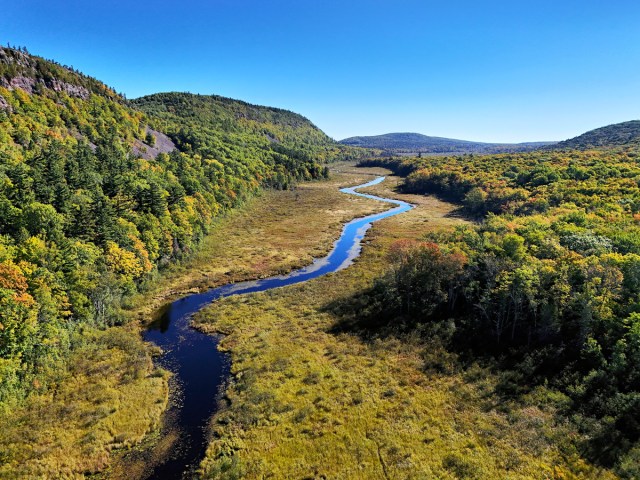 Aerial view of the Upper Carp River in Porcupine Mountains Wilderness State Park, Michigan