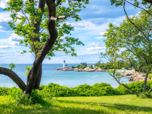 Lighthouse overlooking bay in Gloucester, Massachusetts