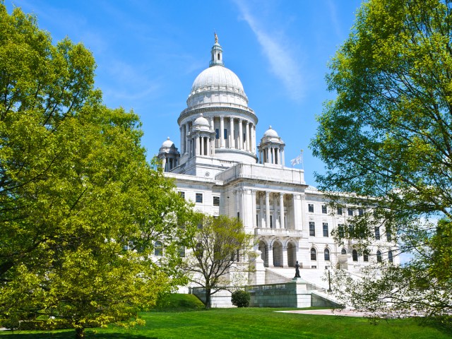 Trees framing Rhode Island State House