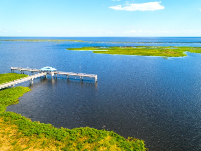 Pier extending into Florida's Lake Okeechobee, seen from above