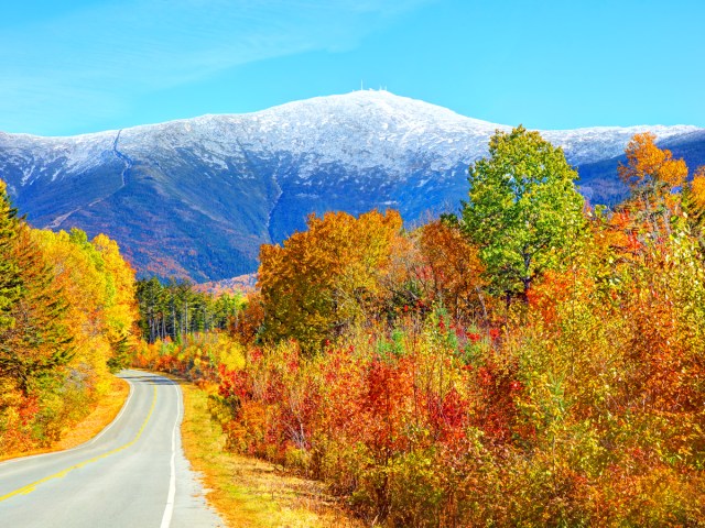 Road leading to Mount Washington, New Hampshire, surrounded by fall foliage