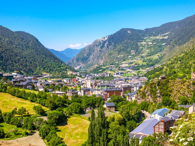 Buildings nestled in valley in Andorra