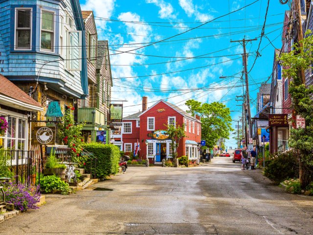 Storefronts on Main Street in Rockport, Massachusetts