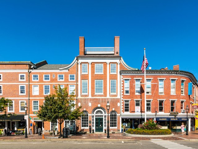 Red-brick buildings on Market Street in Portsmouth, New Hampshire