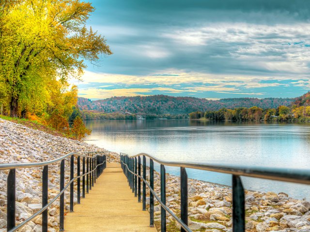 Staircase leading to rocky shores of the Ohio River