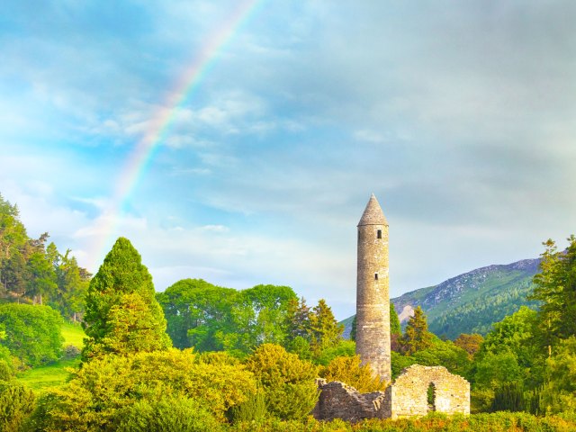 Rainbow over Glendalough monastic site in Ireland