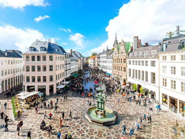 Aerial view of busy public square in Copenhagen, Denmark