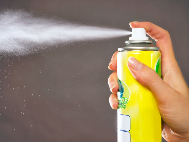 Person spraying bug repellent