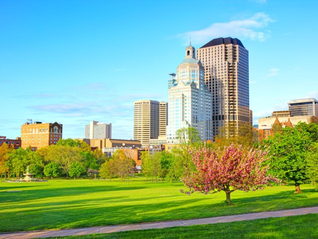 Grassy park and Hartford, Connecticut, skyline