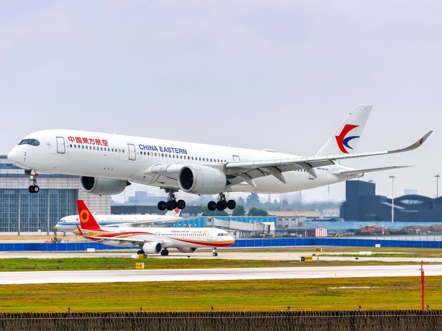 China Eastern Airlines Airbus A350 landing at Chengdu Shuangliu Airport in China 