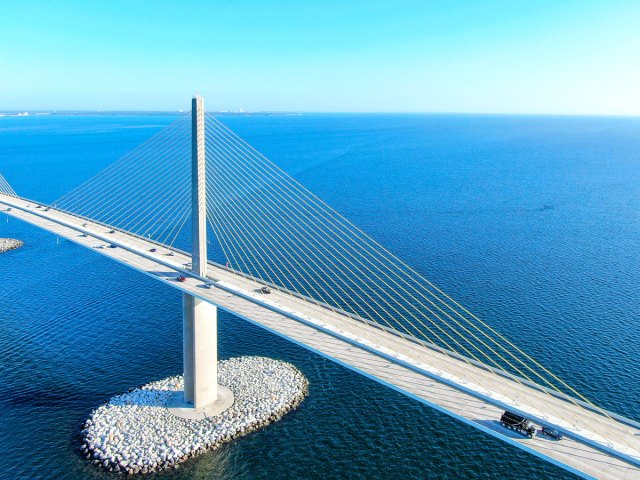 Aerial view of the Sunshine Skyway Bridge over Tampa Bay
