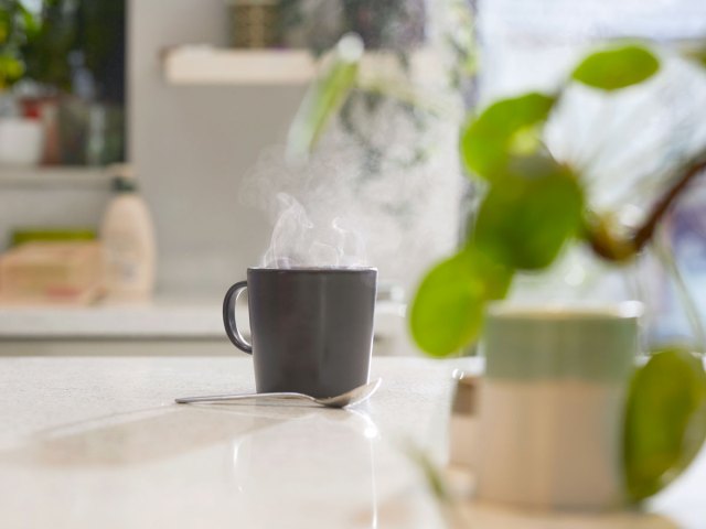 Steaming mug of tea on counter