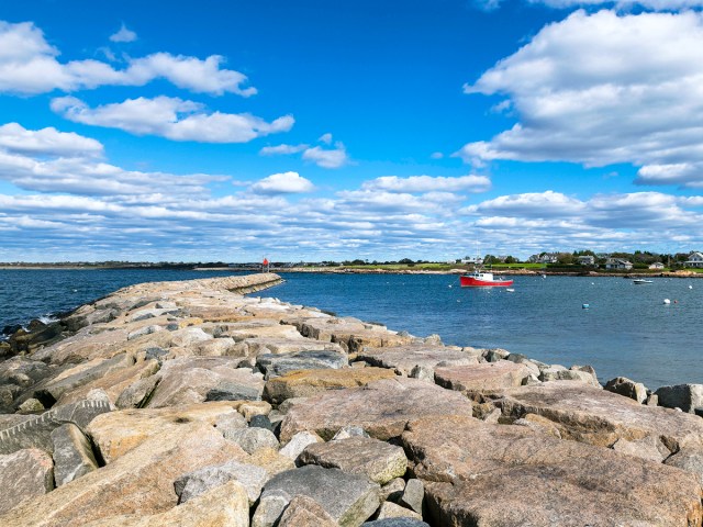 Rock jetty along harbor of Little Compton, Rhode Island