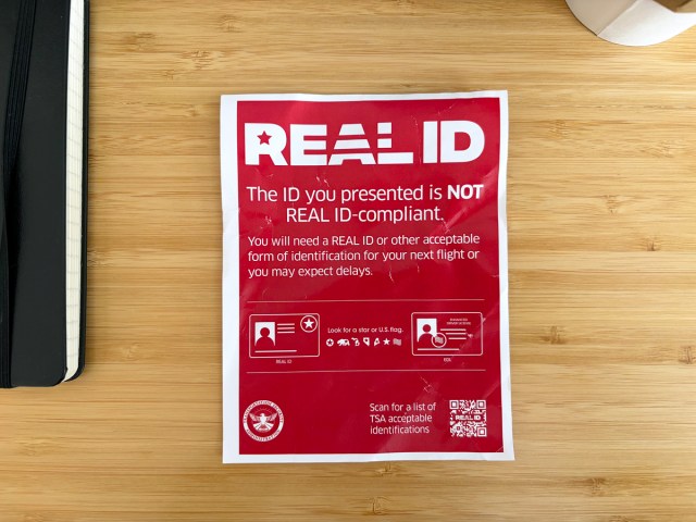Form given to writer stating the ID presented is not REAL ID-compliant