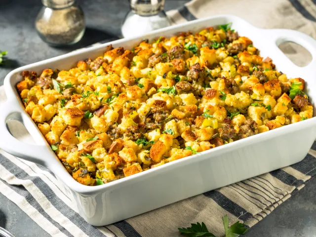 Thanksgiving stuffing in casserole dish