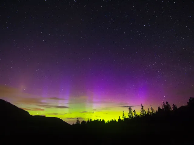 Northern lights seen over treetops and mountains in Maine