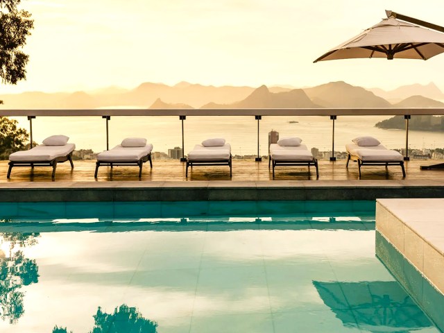 Pool area overlooking Rio's Guanabara Bay at Vila Santa Teresa
