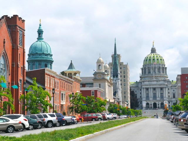 Street with view of Pennsylvania Capitol in Harrisburg