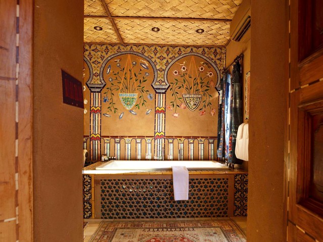 Colorful mosaics in bathroom at the Inn of Five Graces in Santa Fe, New Mexico