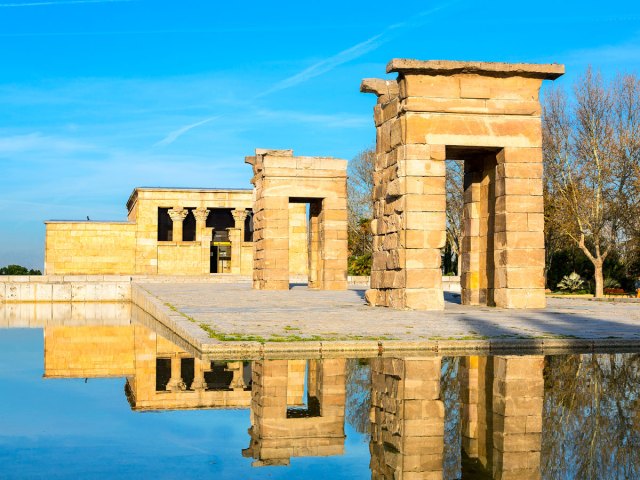 Temple of Debod in Madrid with reflection on surrounding pool