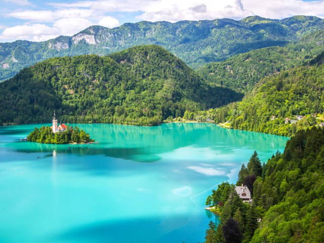Aerial view of Lake Bled with Bled Island in Slovenia