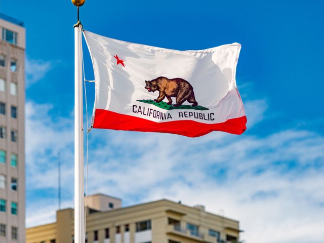 California flag with high-rise buildings in background