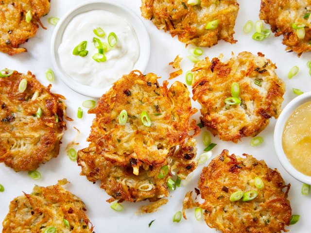 Plate of latkes with dipping sauces