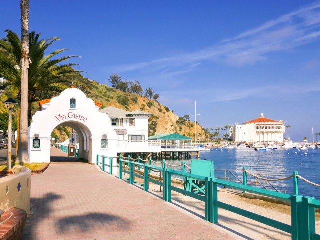 Walkway to casino overlooking harbor on Catalina Island in California