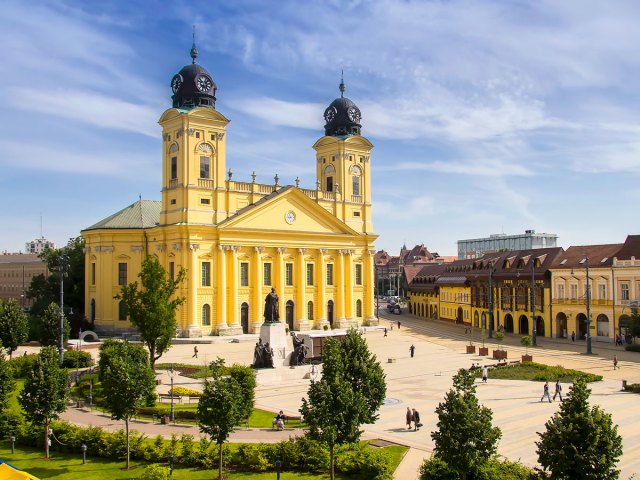 Yellow church overlooking main square of Debrecen, Hungary