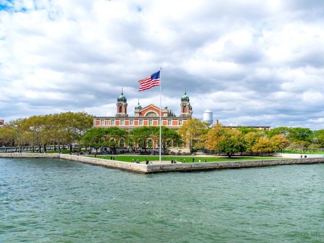 Flag flying over Ellis Island