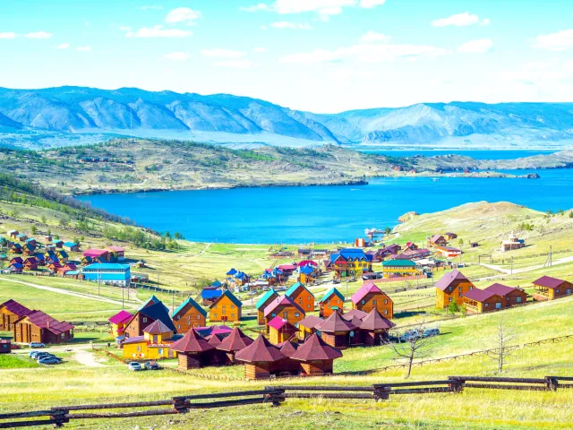 Homes overlooking Lake Baikal in Siberia, Russia