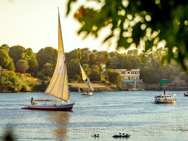 Boats on the Nile River in Egypt during sunset