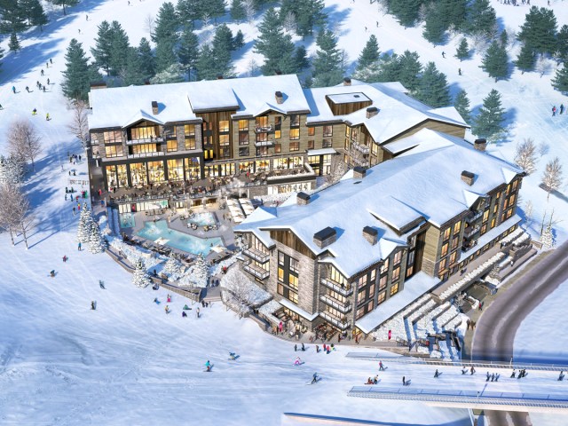 Aerial view of snow-covered Hoback Club in Jackson Hole, Wyoming