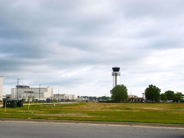 Control tower at Clinton International Airport in Little Rock, seen in distance